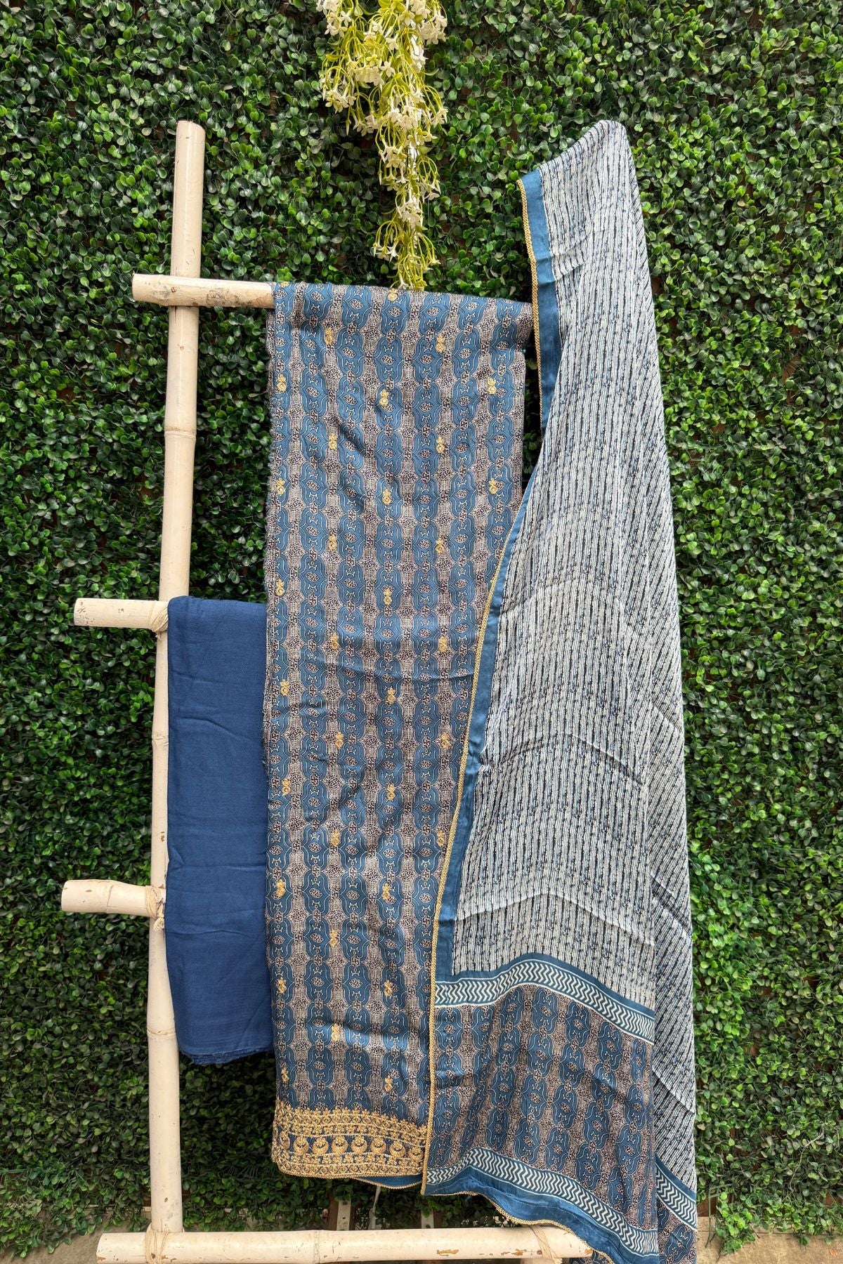 Blue Modal Satin Ajrakh Suit Set