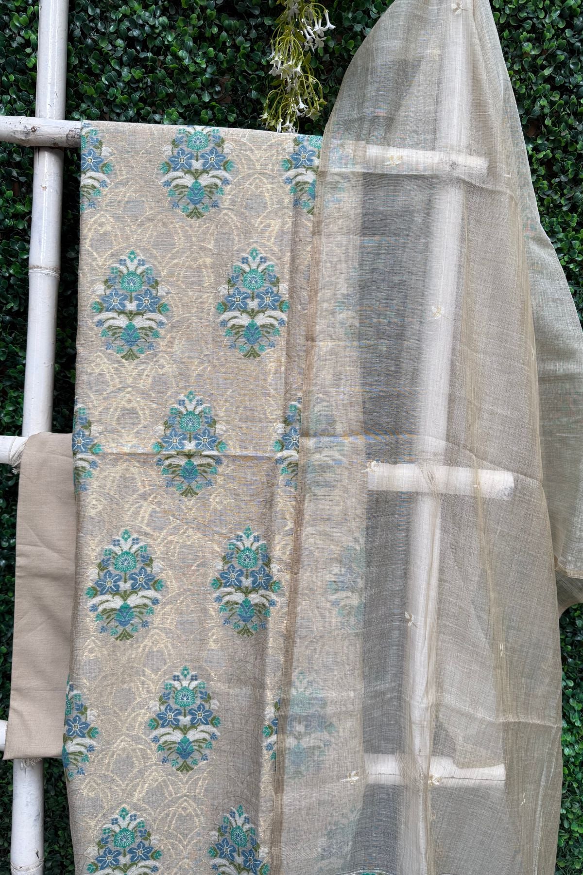 Chanderi Linen Jamdani Suit Set - Beige & Blue
