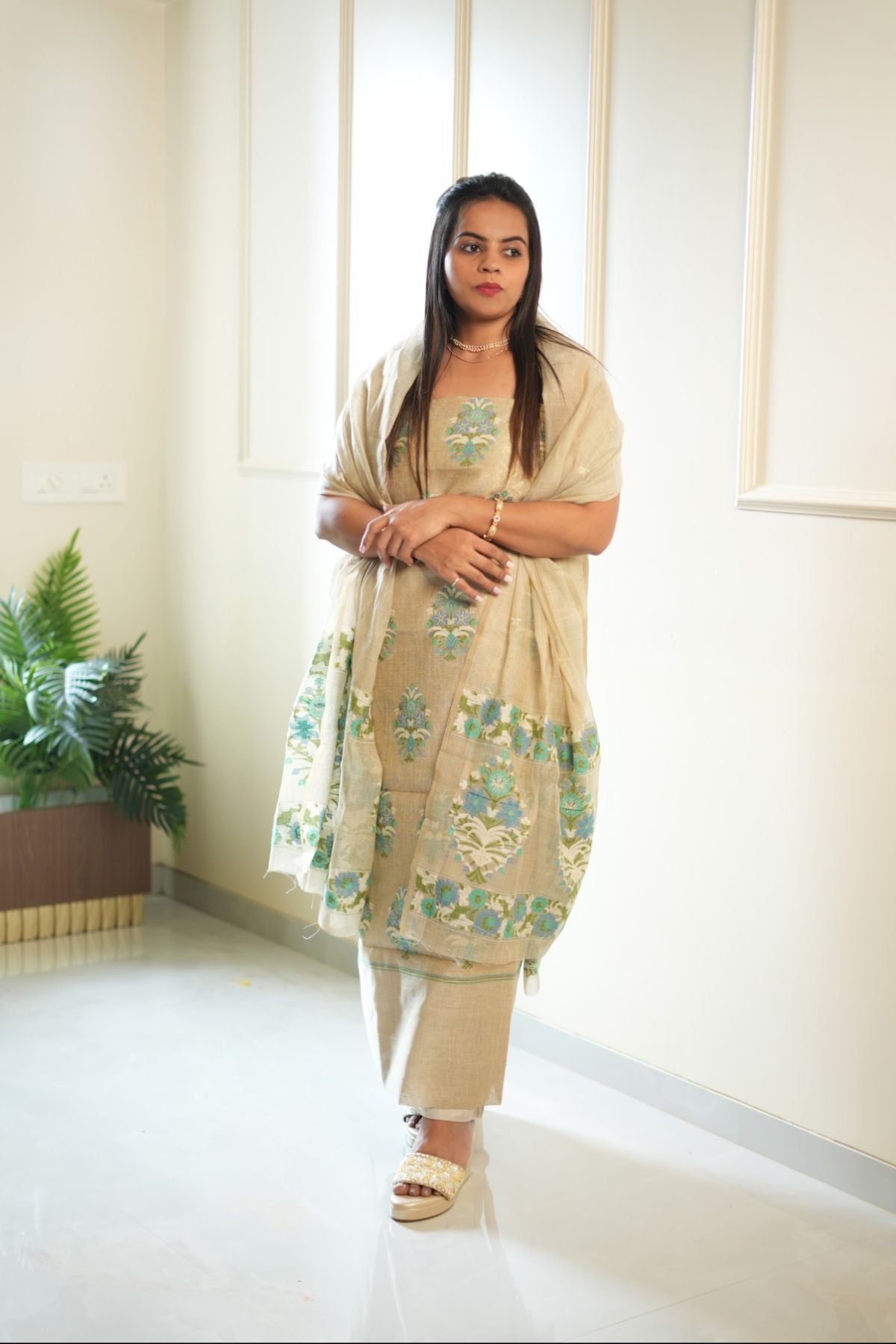 Chanderi Linen Jamdani Suit Set - Beige & Blue