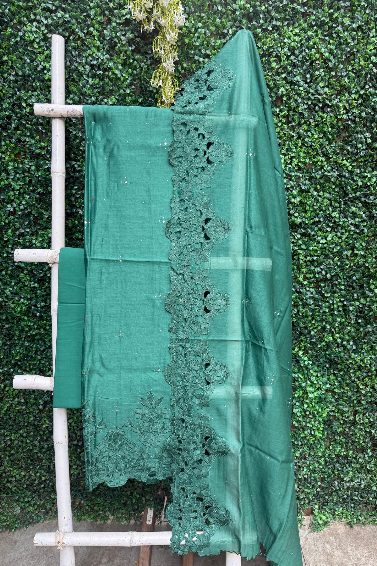 Pure Chanderi Silk Parsi Work Suit Set - Green