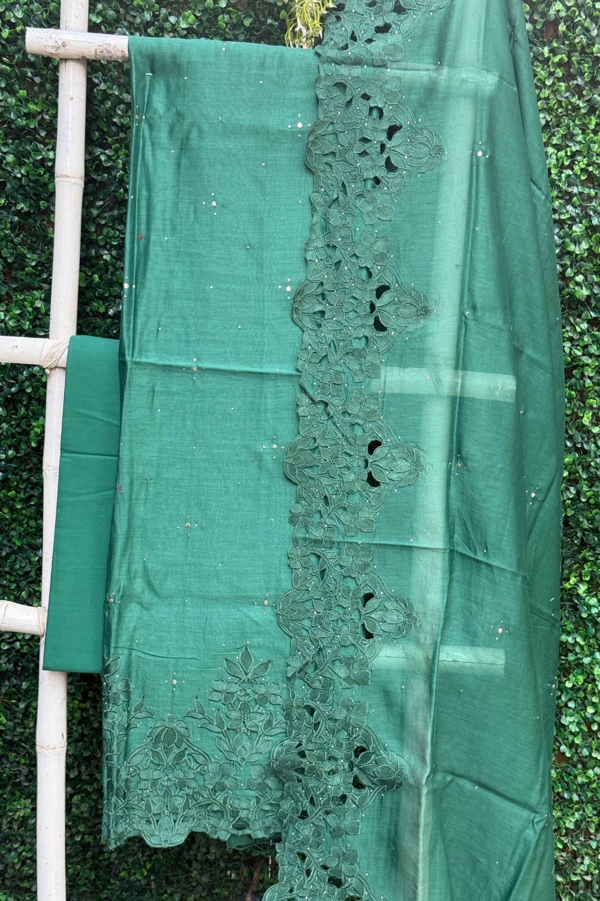 Pure Chanderi Silk Parsi Work Suit Set - Green