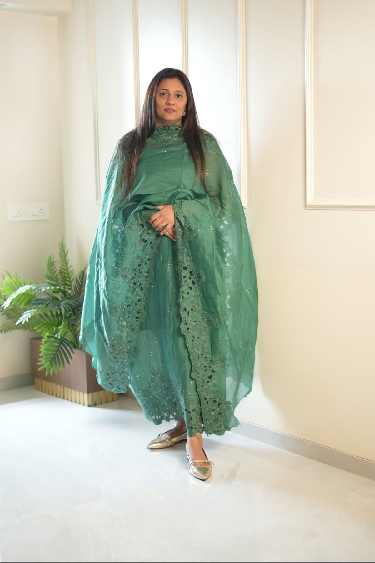 Pure Chanderi Silk Parsi Work Suit Set - Green