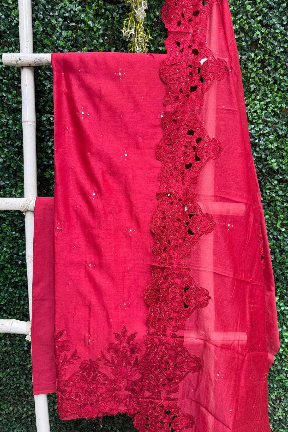 Pure Chanderi Silk  Parsi Work Suit Set - Red