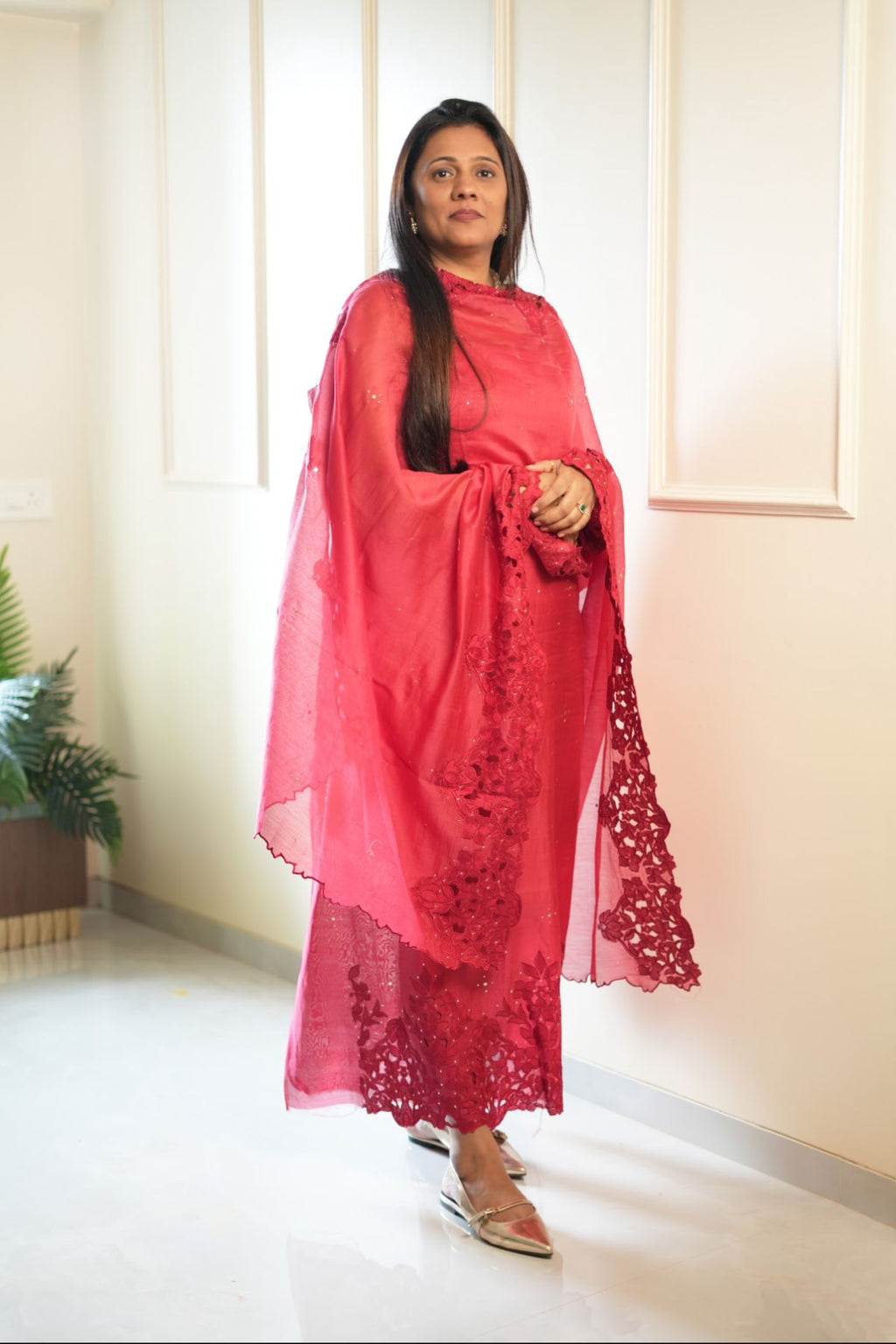 Pure Chanderi Silk  Parsi Work Suit Set - Red
