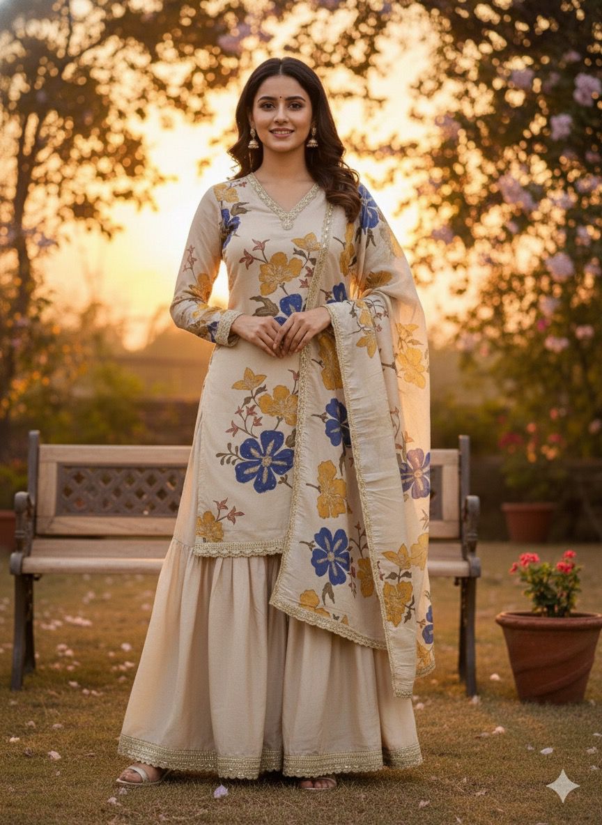 Elegant Beige Pure Shimmer Georgette 3-Piece Set