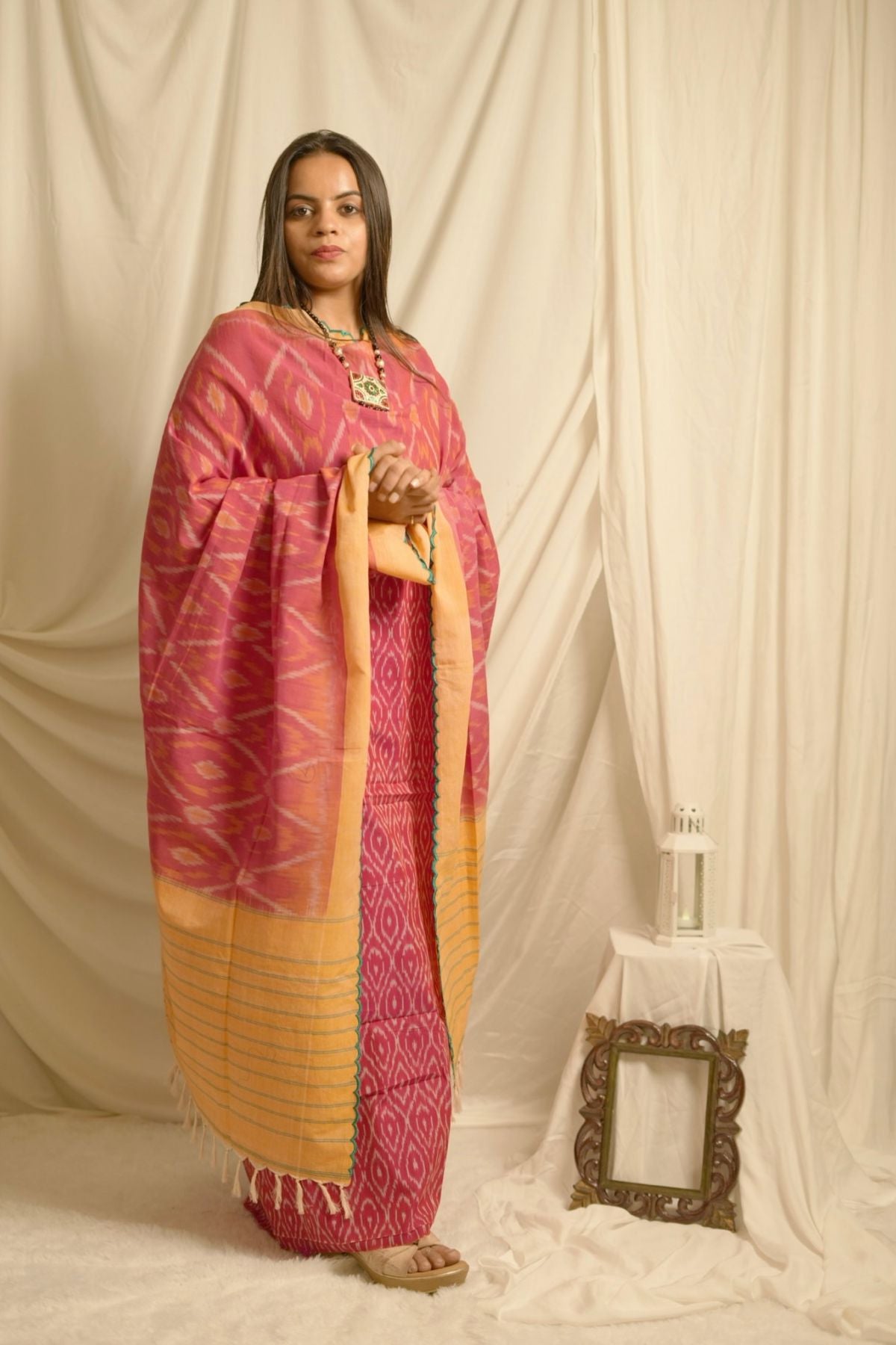 Handcrafted Ikkat Elegance – Pink & Yellow