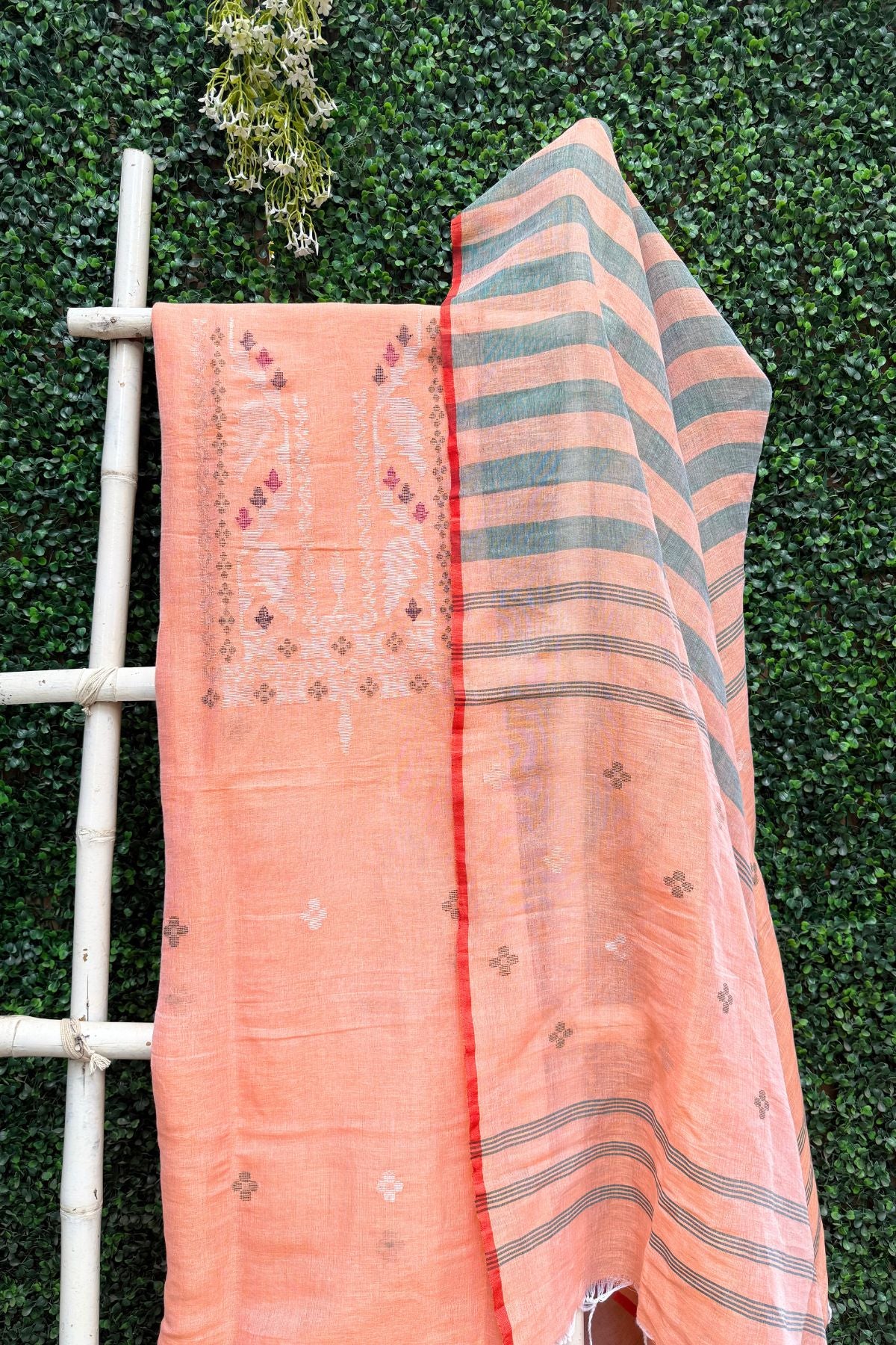 Peach Jamdani Linen Dress Suit