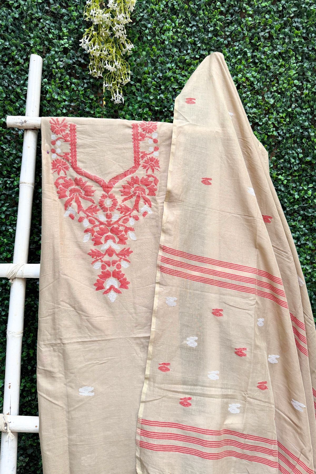 Beige Red Jamdani Linen Dress Suit