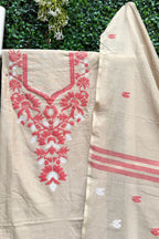 Beige Red Jamdani Linen Dress Suit