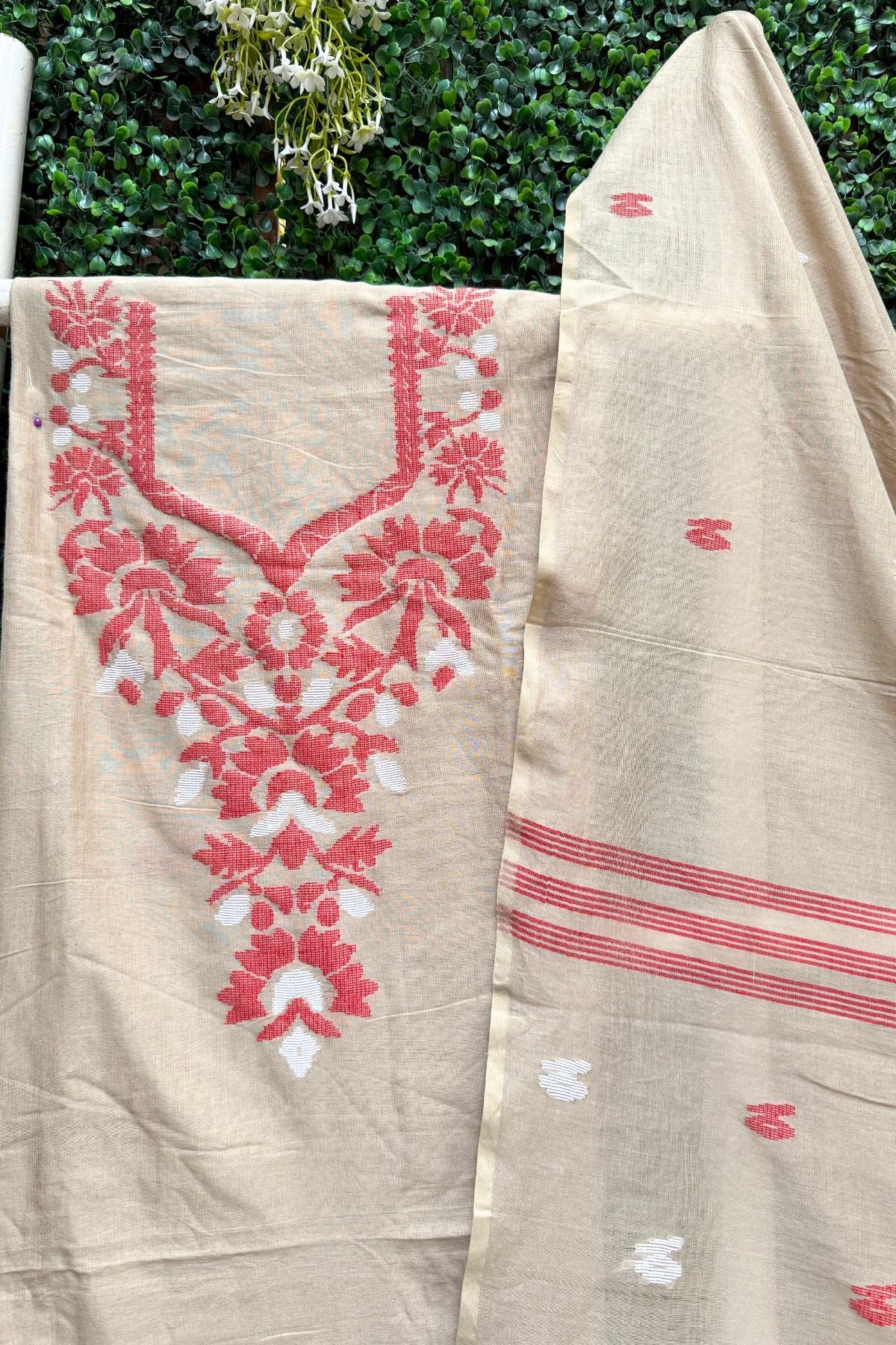 Beige Red Jamdani Linen Dress Suit
