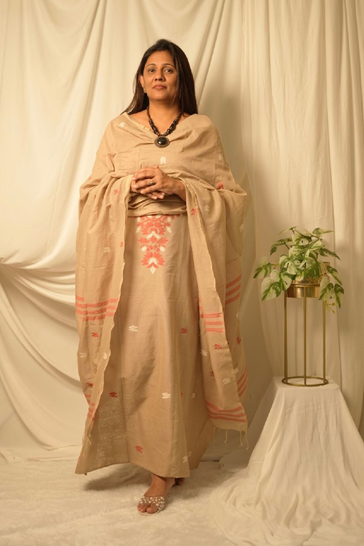 Beige Red Jamdani Linen Dress Suit
