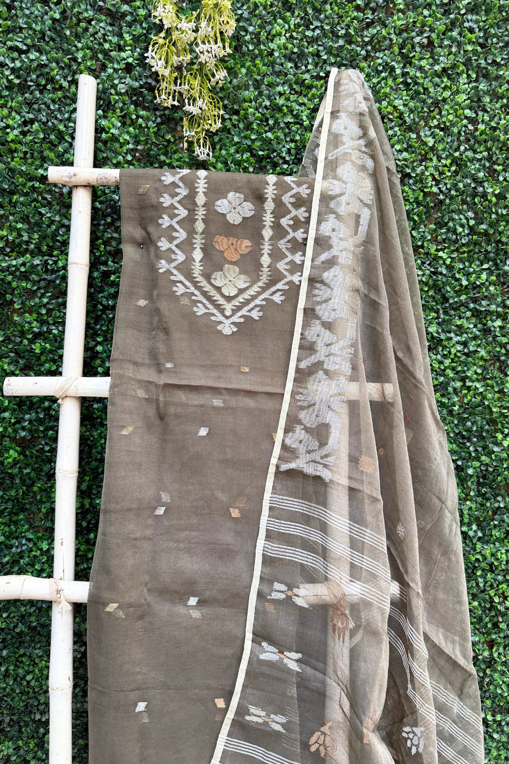 Grey Jamadani Linen Dress Suit