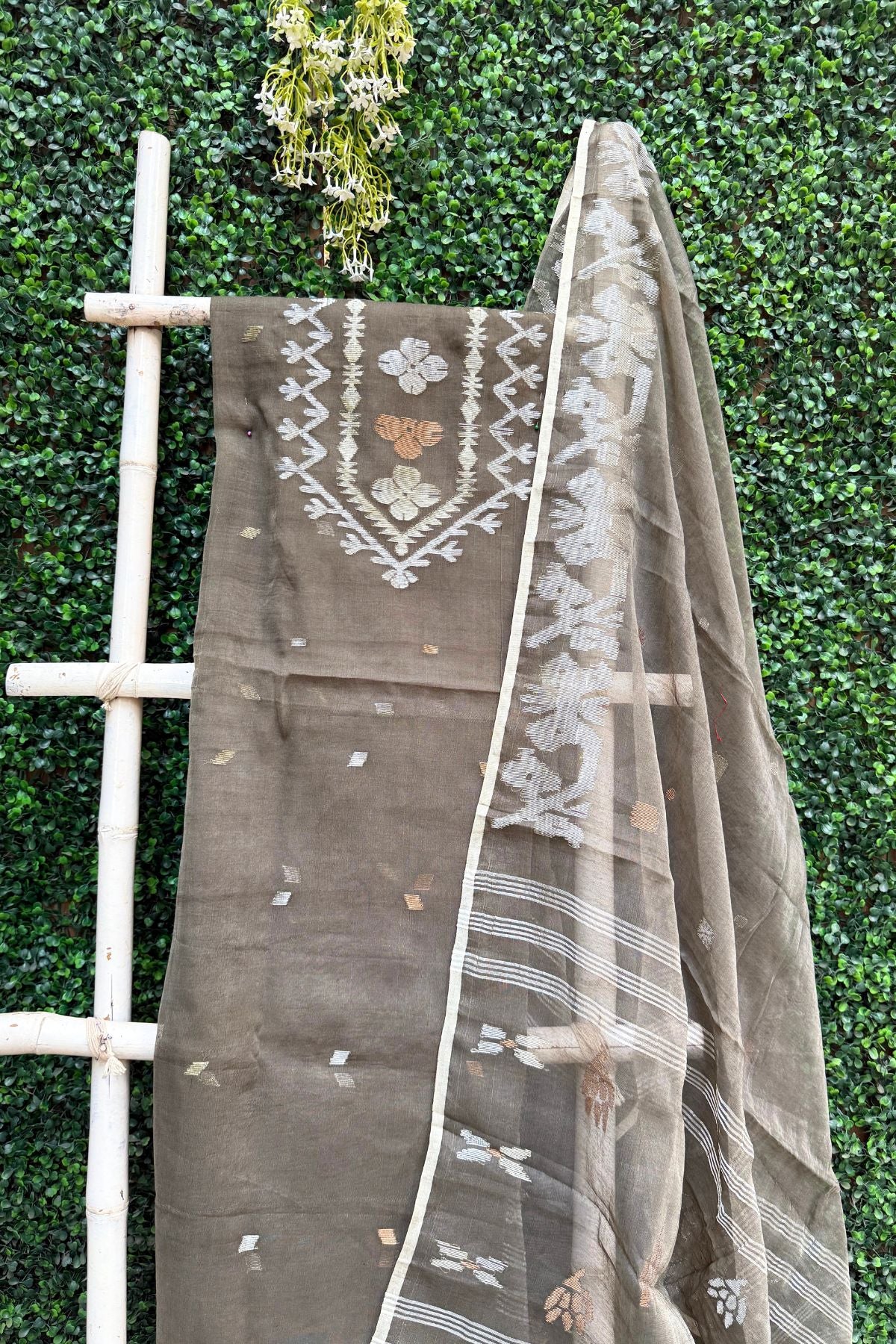 Grey Jamadani Linen Dress Suit