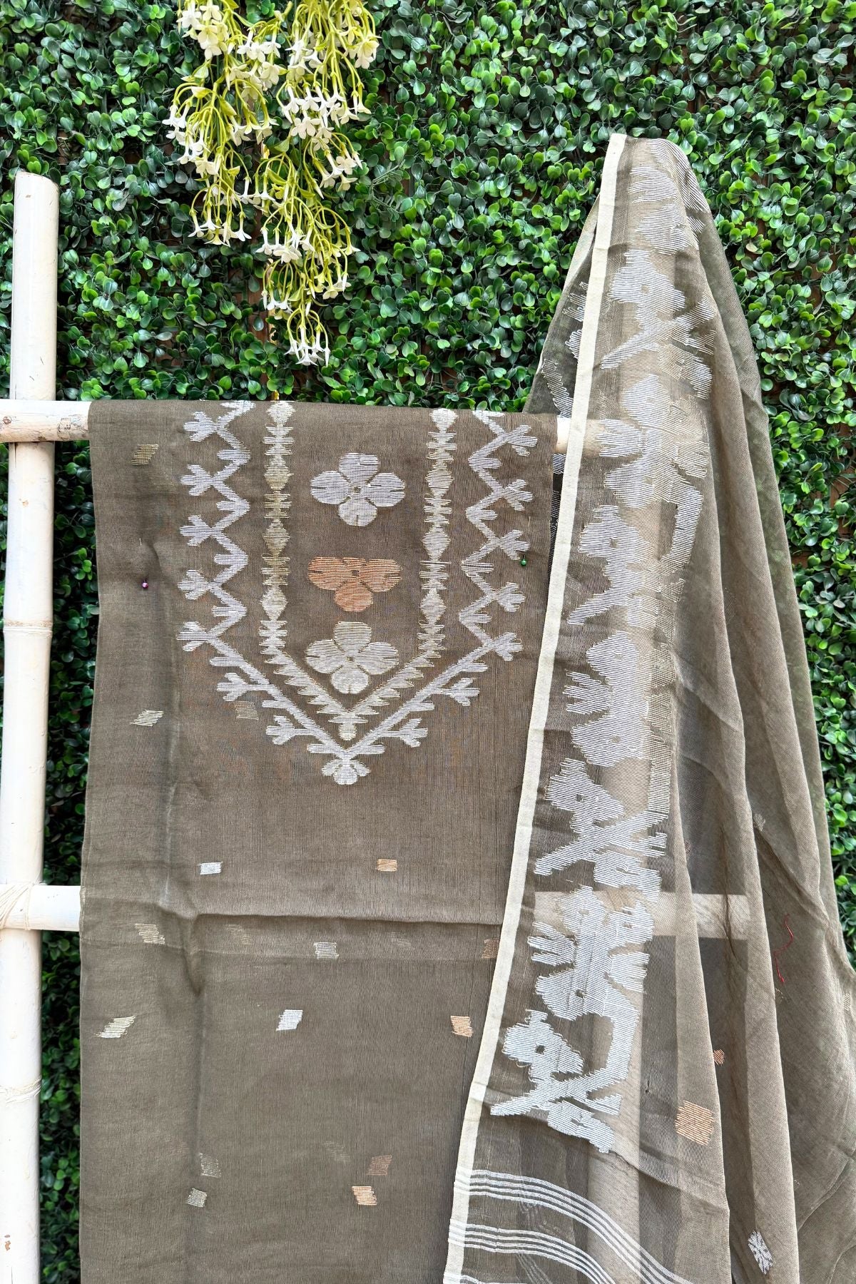 Grey Jamadani Linen Dress Suit