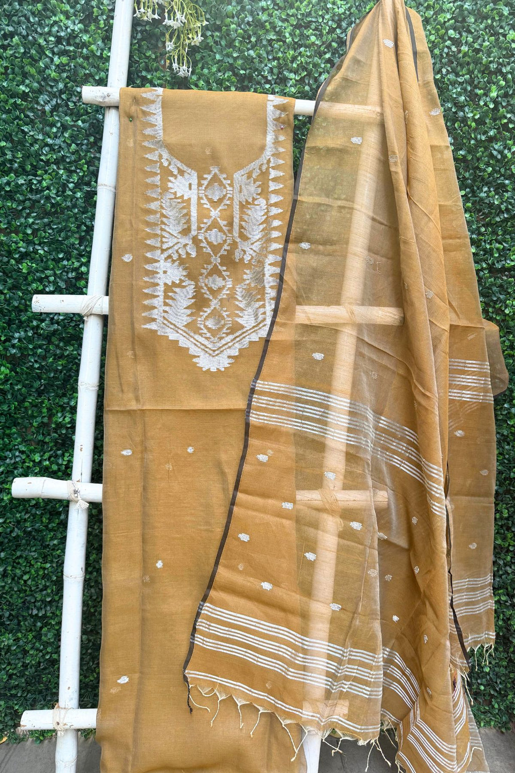Musttard Yellow Jamdani Linen Dress Suit