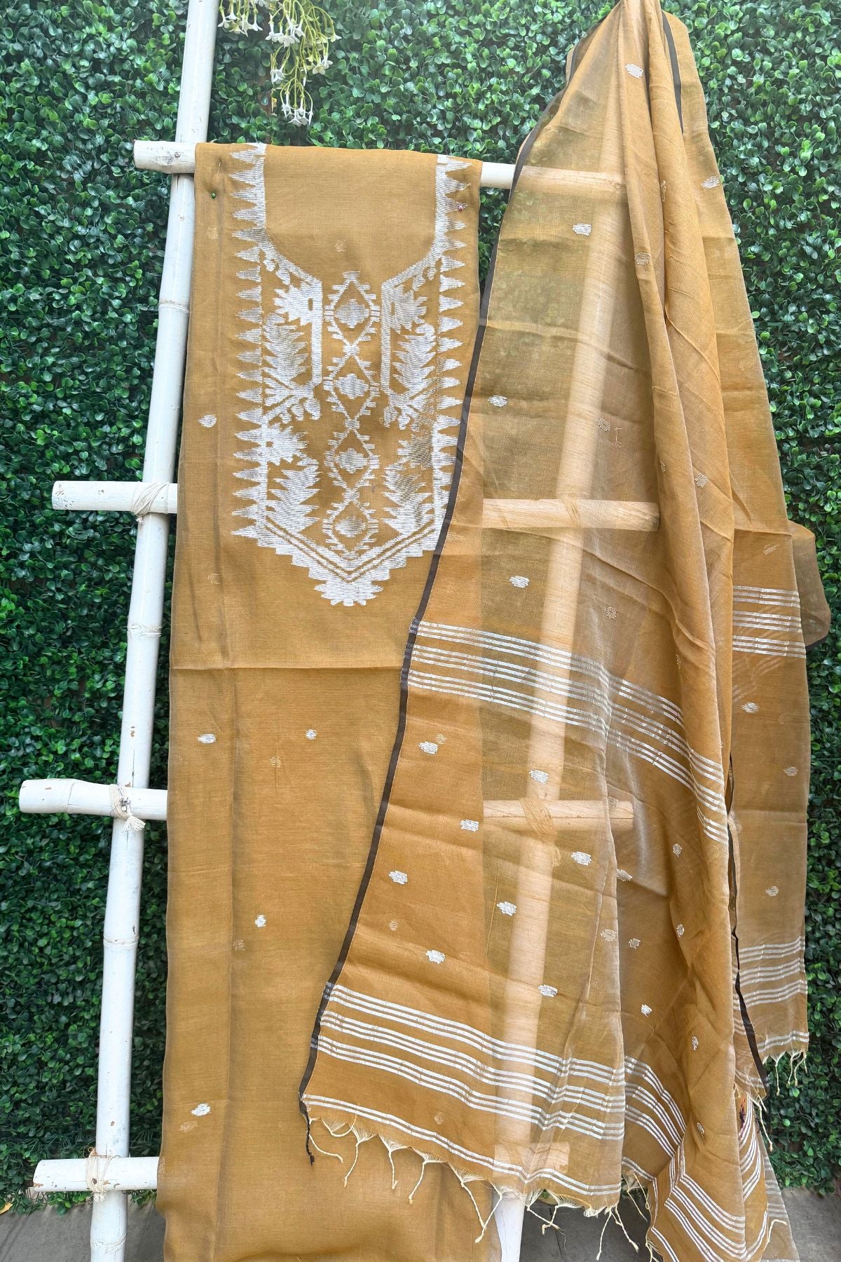 Musttard Yellow Jamdani Linen Dress Suit
