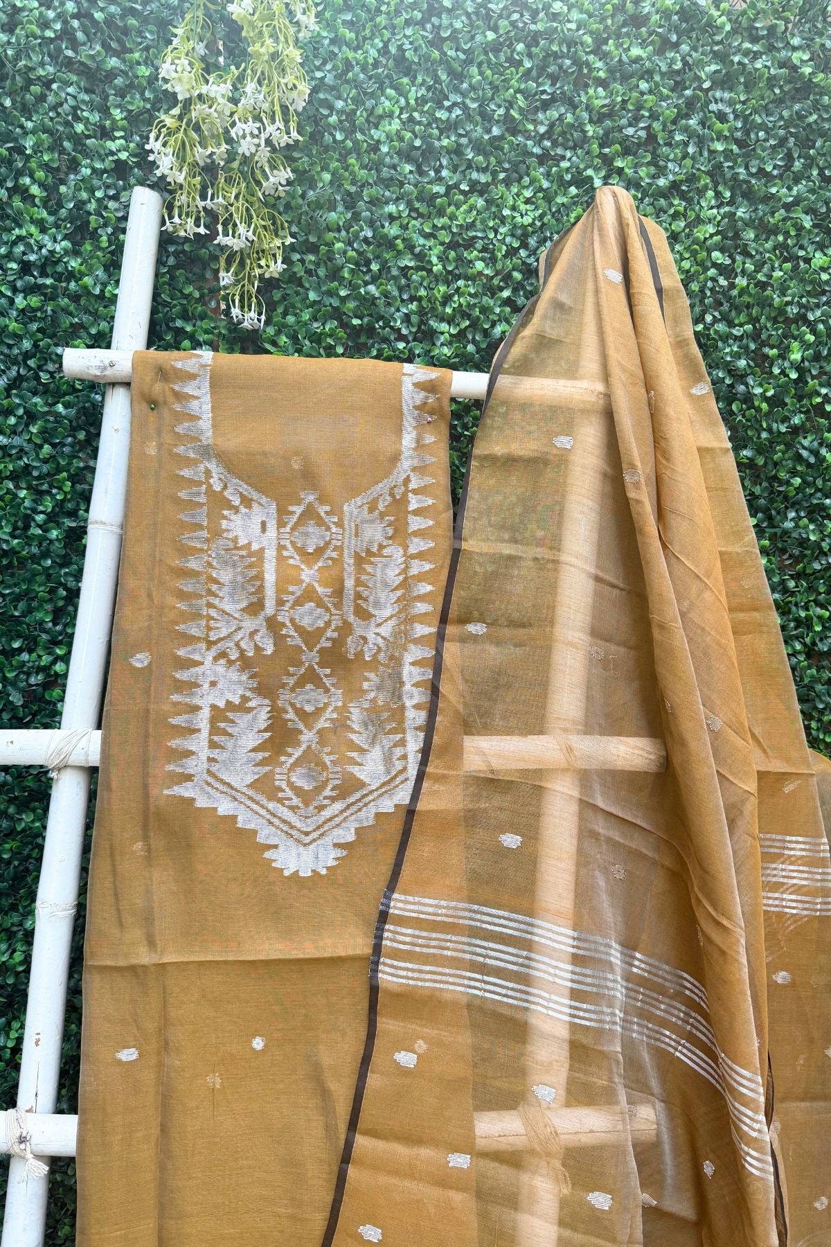Musttard Yellow Jamdani Linen Dress Suit