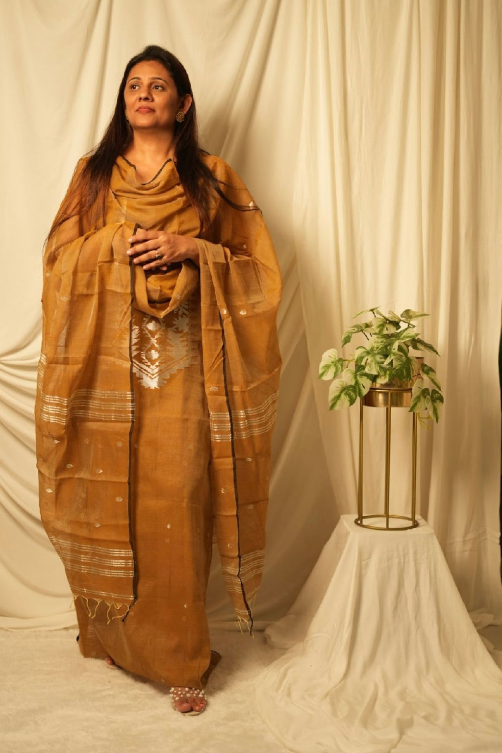 Musttard Yellow Jamdani Linen Dress Suit