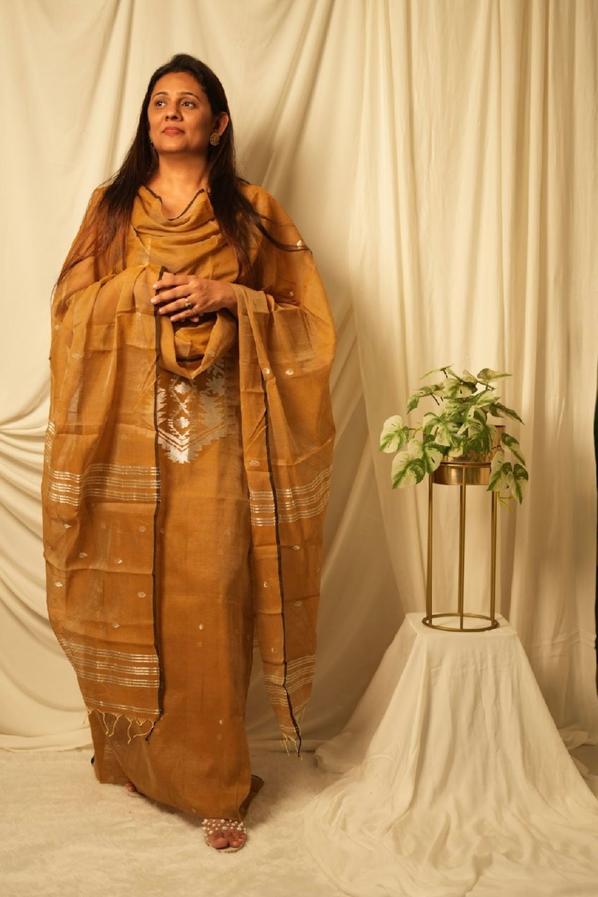 Musttard Yellow Jamdani Linen Dress Suit