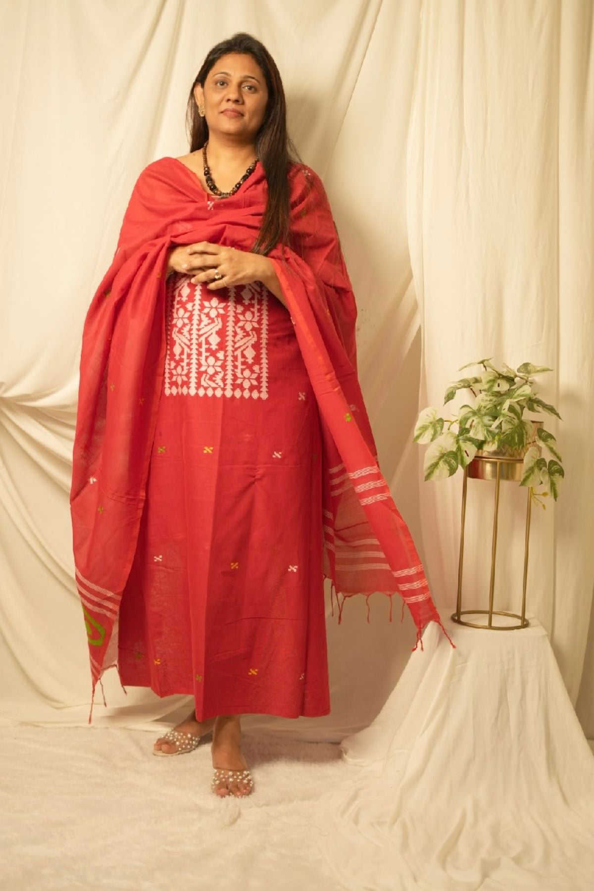 Bright Red Jamdani Linen Dress Suit