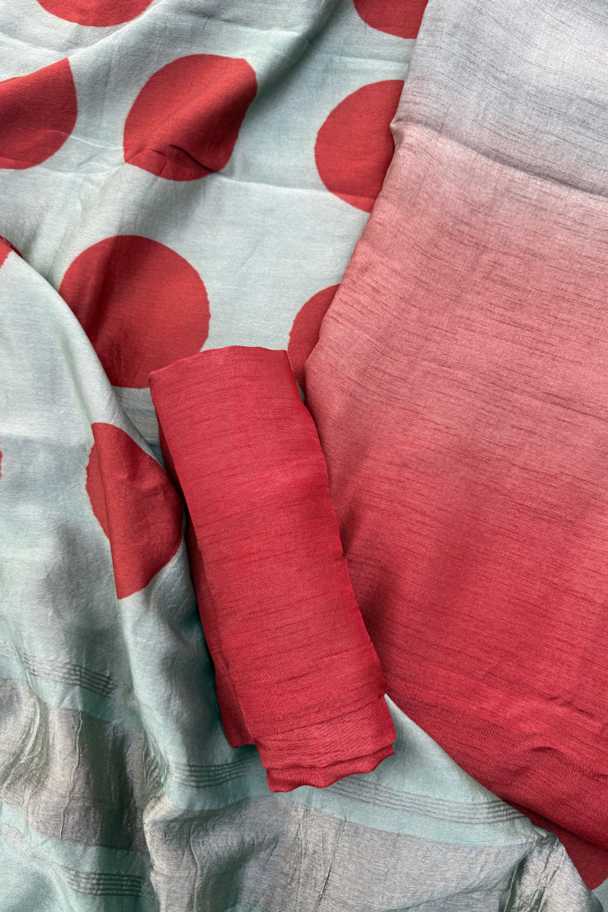 Greyish Sea Green & Orange Ombre Clamp Dyeing Pure Chanderi Silk 3 Pc Suit Set