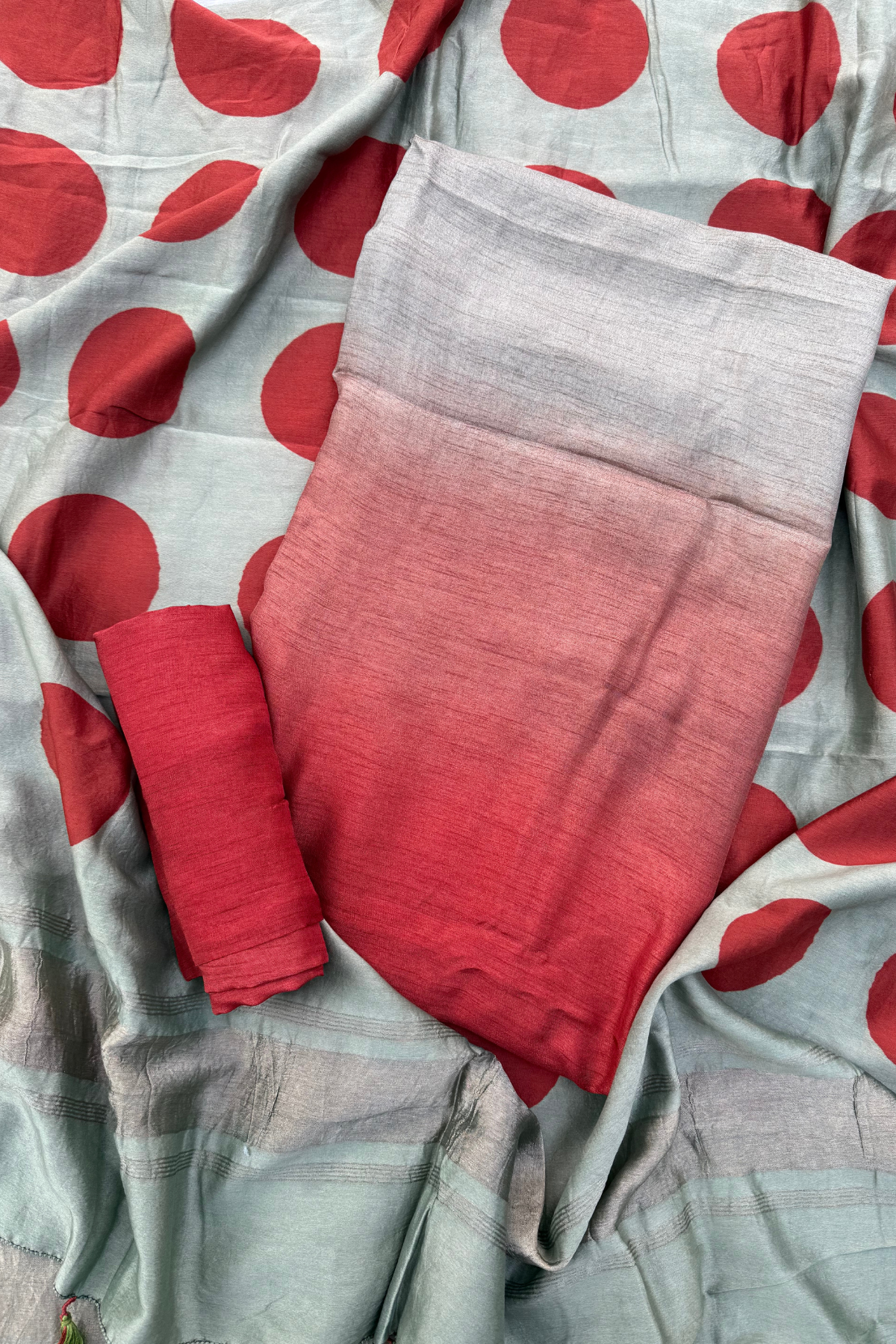 Greyish Sea Green & Orange Ombre Clamp Dyeing Pure Chanderi Silk 3 Pc Suit Set