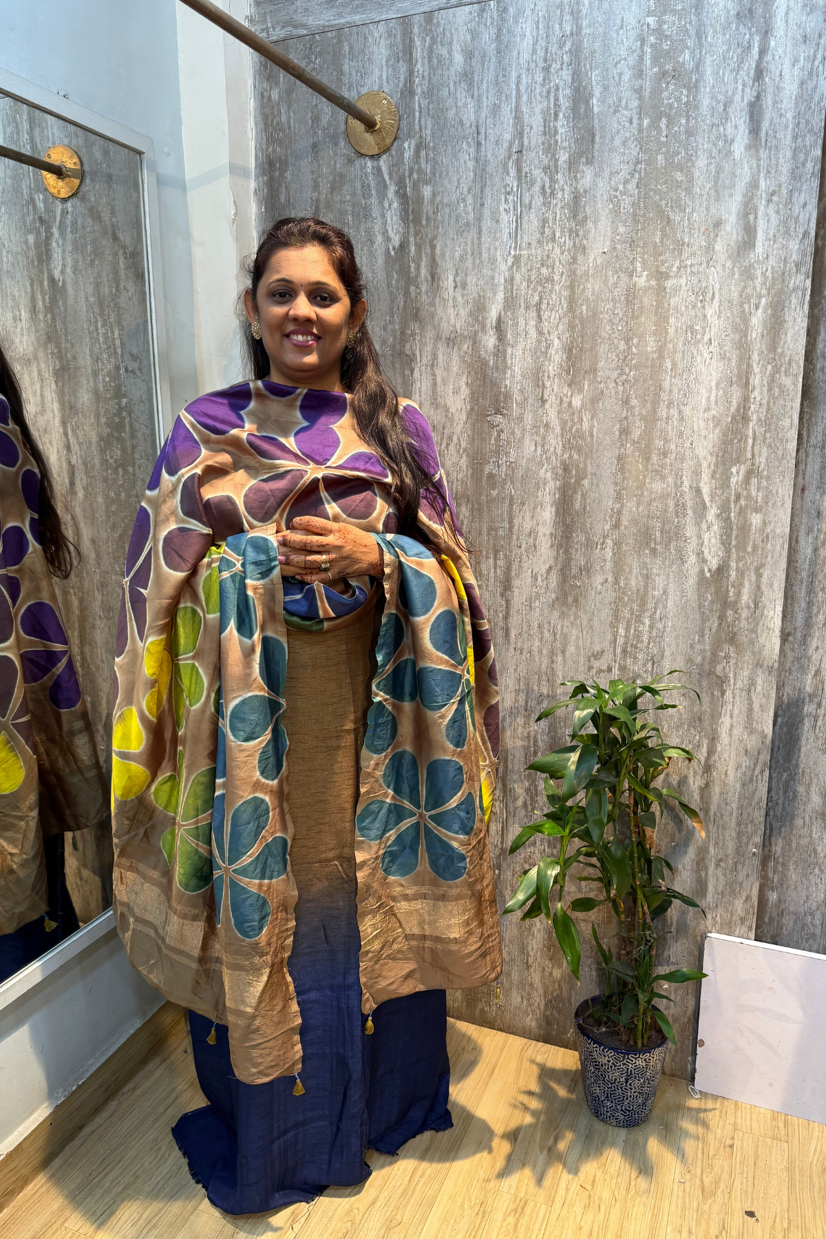 Blue & Grey Ombre Clamp Dyeing Pure Chanderi Silk 3 Pc Suit Set