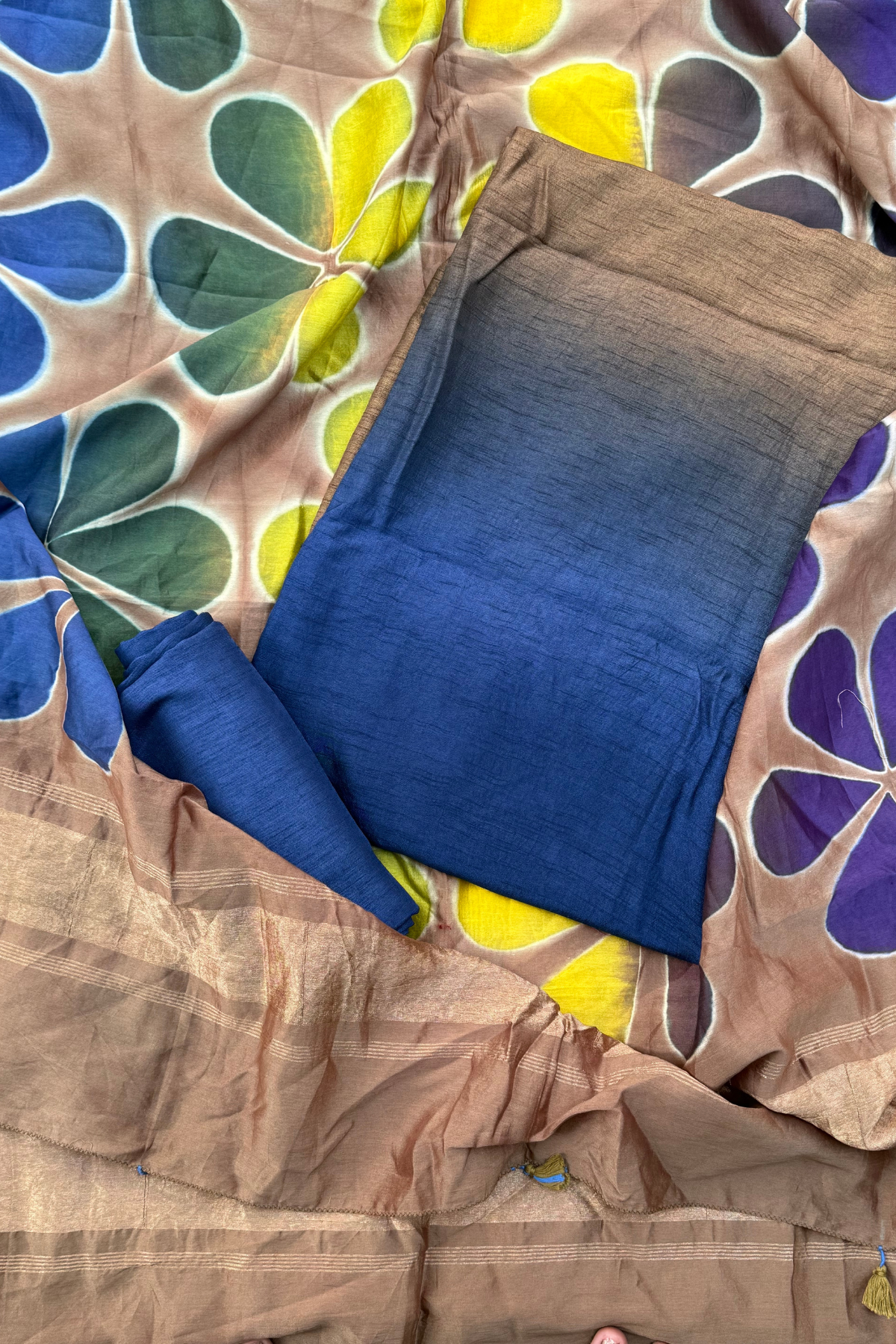 Blue & Grey Ombre Clamp Dyeing Pure Chanderi Silk 3 Pc Suit Set