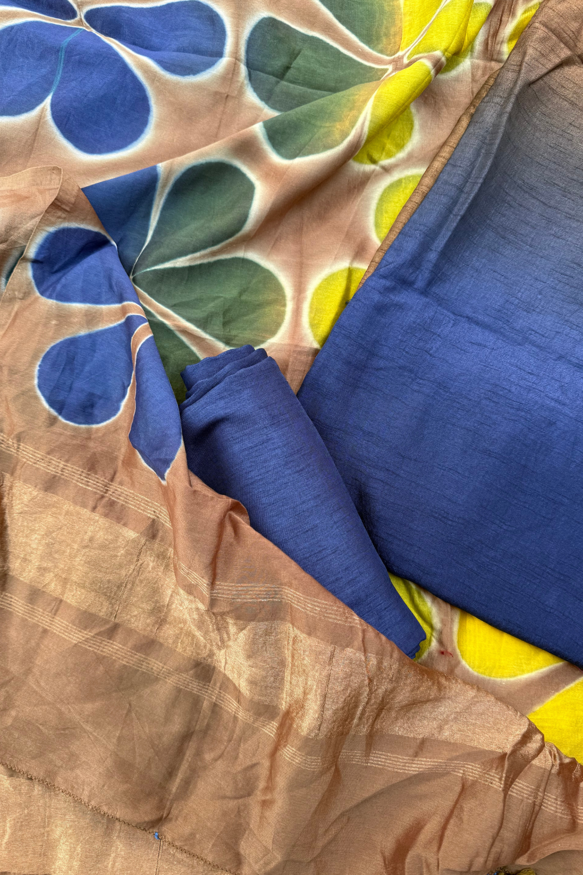 Blue & Grey Ombre Clamp Dyeing Pure Chanderi Silk 3 Pc Suit Set