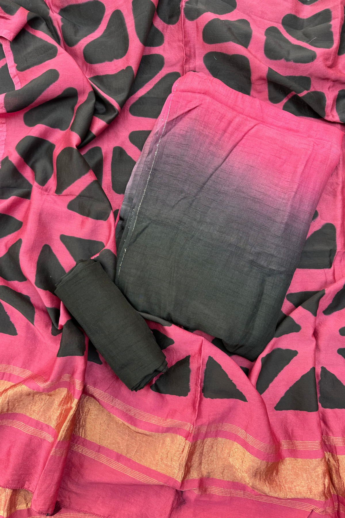 Pink & Black Ombre Clamp Dyeing Pure Chanderi Silk 3 Pc Suit Set