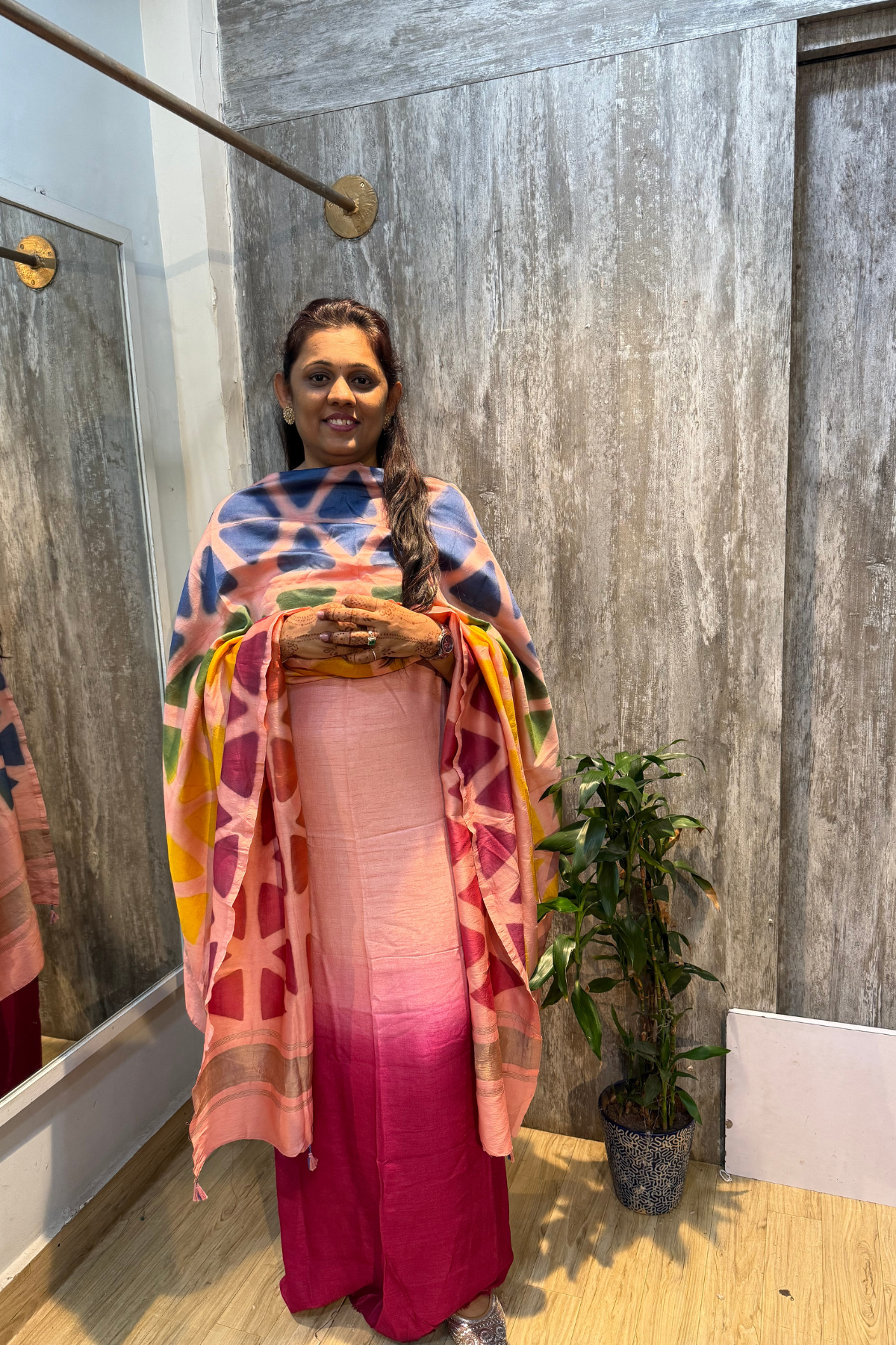 Light & Dark Pink Ombre Clamp Dyeing Pure Chanderi Silk 3 Pc Suit Set