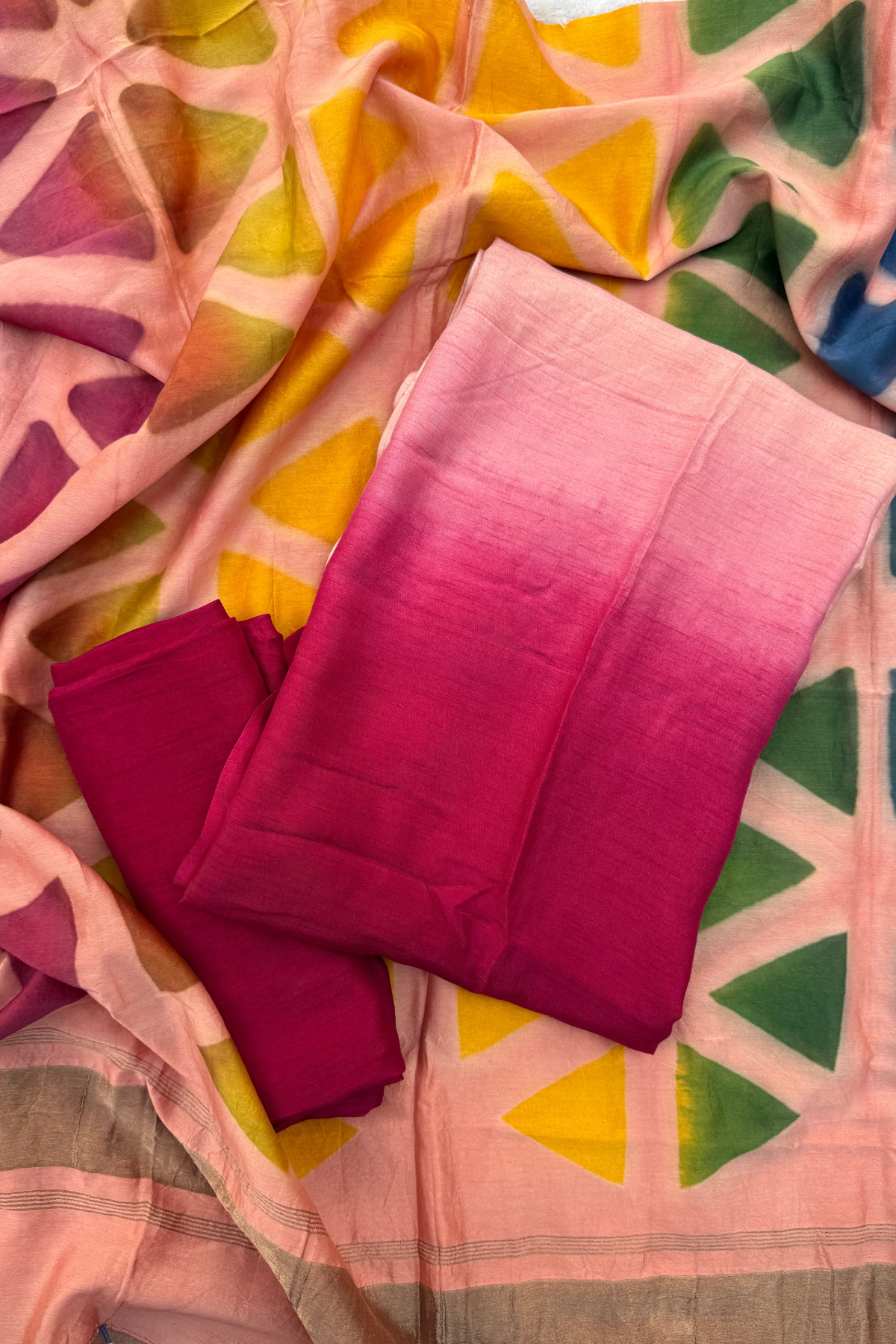 Light & Dark Pink Ombre Clamp Dyeing Pure Chanderi Silk 3 Pc Suit Set