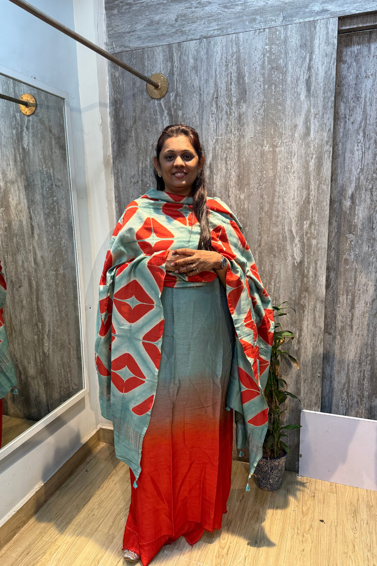 Orange & Sea Green Ombre Clamp Dyeing Pure Chanderi Silk 3 Pc Suit Set