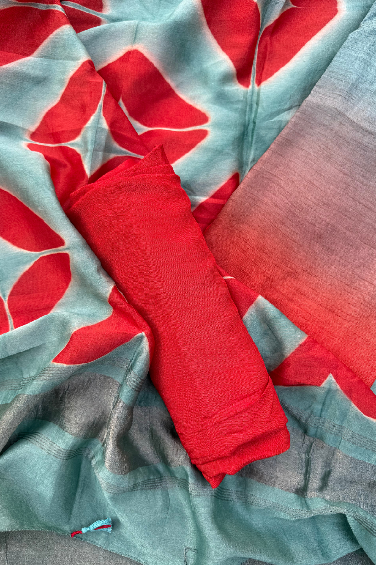 Orange & Sea Green Ombre Clamp Dyeing Pure Chanderi Silk 3 Pc Suit Set