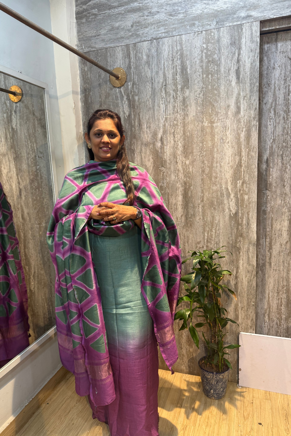 Pinkish Purple & Sea Green Ombre Clamp Dyeing Pure Chanderi Silk 3 Pc Suit Set