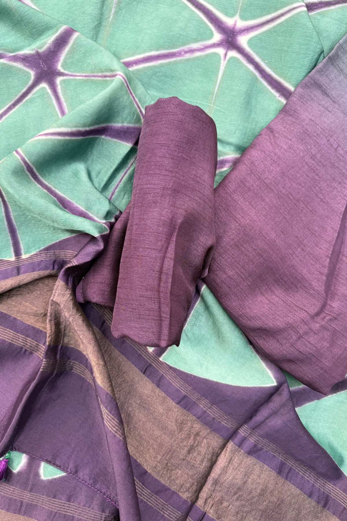 Sea Green & Purple Ombre Clamp Dyeing Pure Chanderi Silk 3 Pc Suit Set