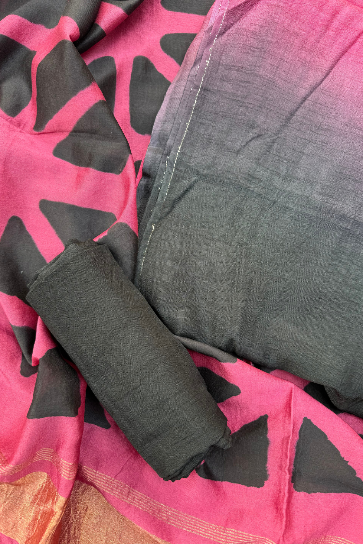 Pink & Black Ombre Clamp Dyeing Pure Chanderi Silk 3 Pc Suit Set