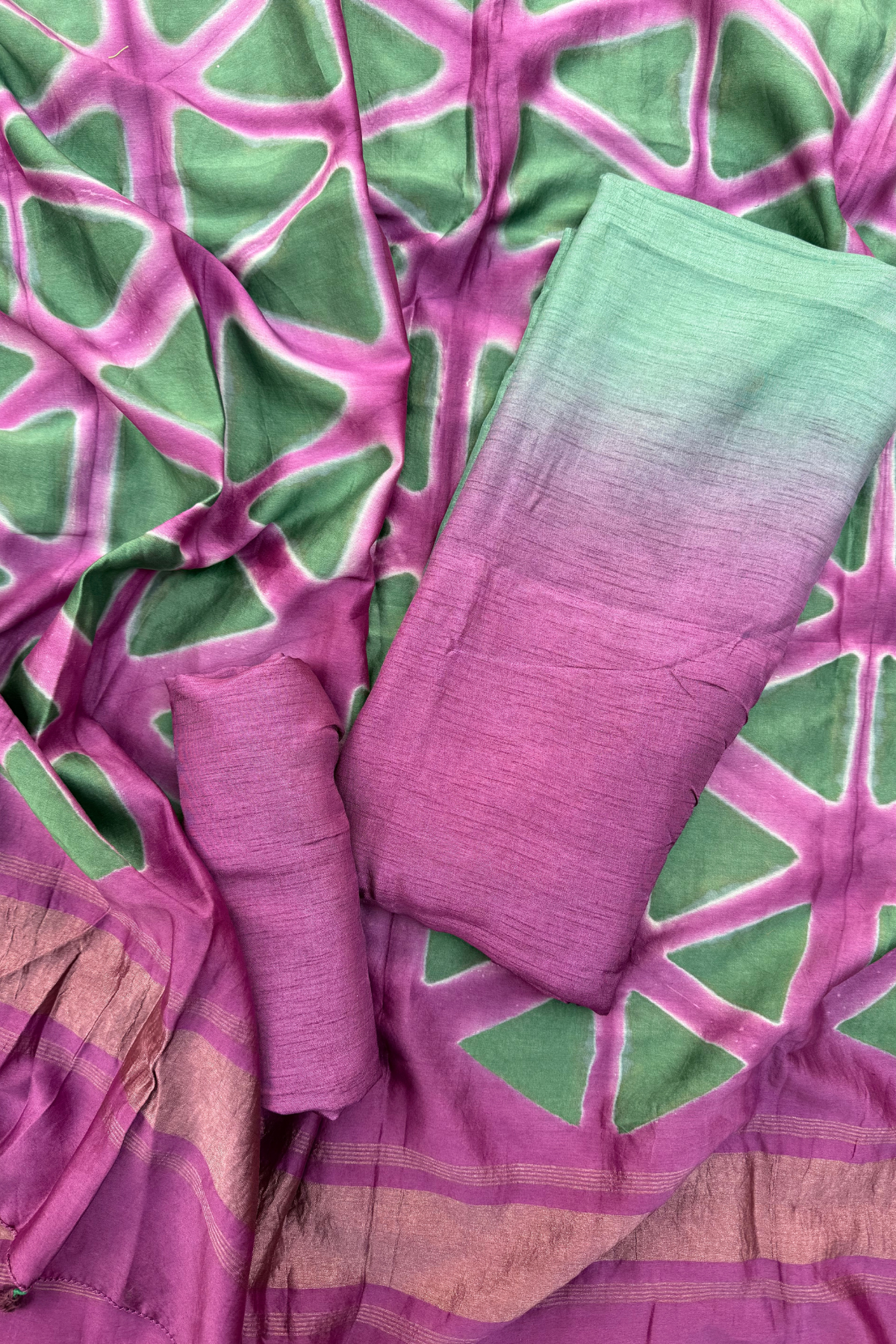 Pinkish Purple & Sea Green Ombre Clamp Dyeing Pure Chanderi Silk 3 Pc Suit Set