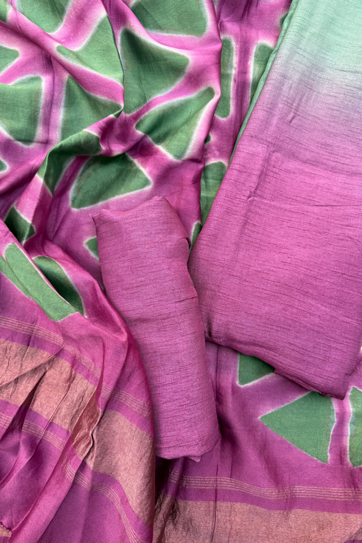 Pinkish Purple & Sea Green Ombre Clamp Dyeing Pure Chanderi Silk 3 Pc Suit Set