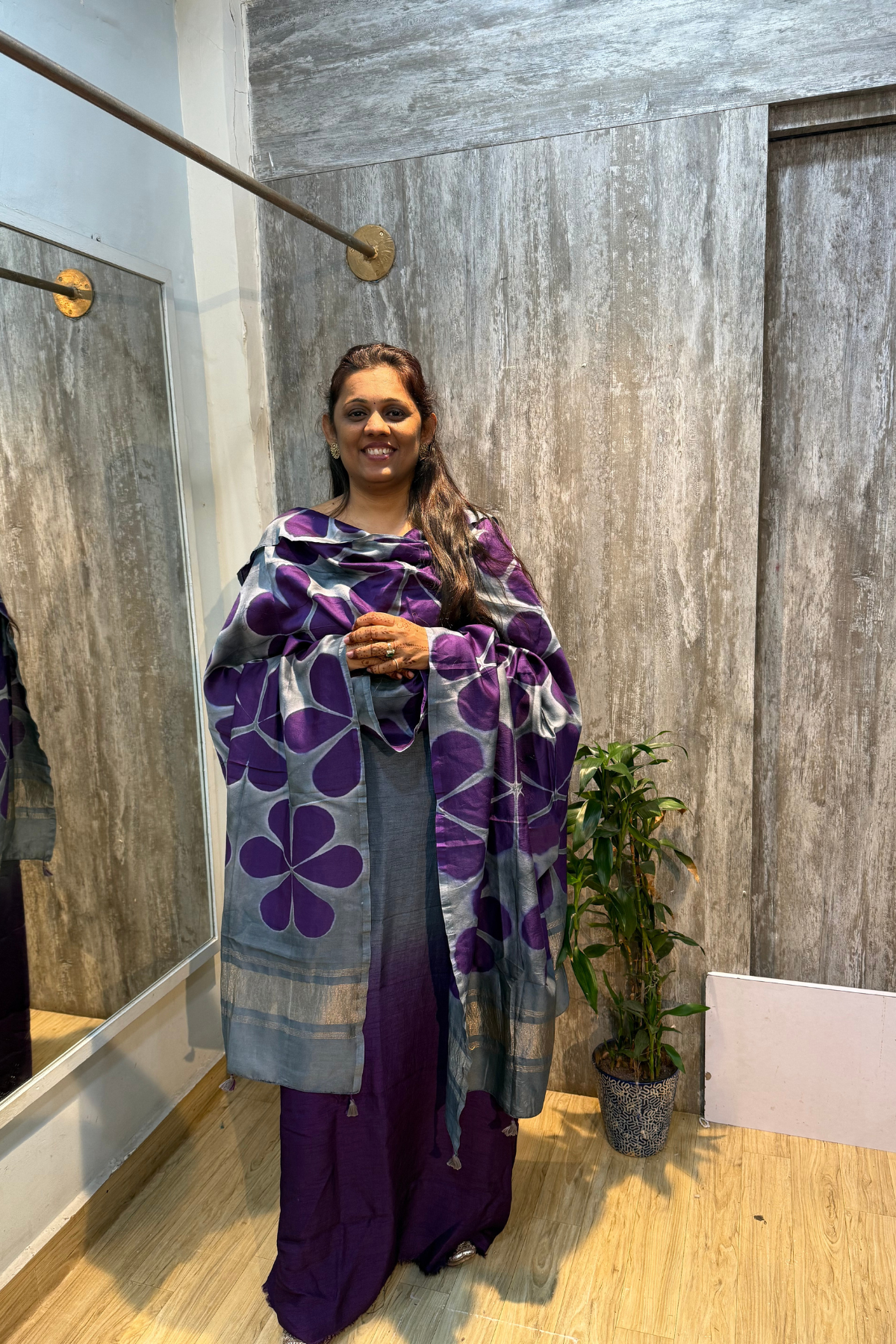 Grey & Purple Ombre Dyeing Pure Chanderi Silk 3 Pc Suit Set