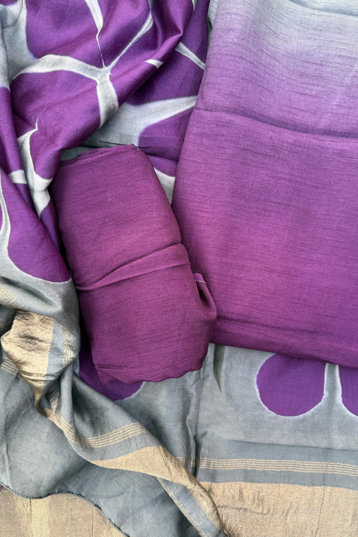 Grey & Purple Ombre Dyeing Pure Chanderi Silk 3 Pc Suit Set