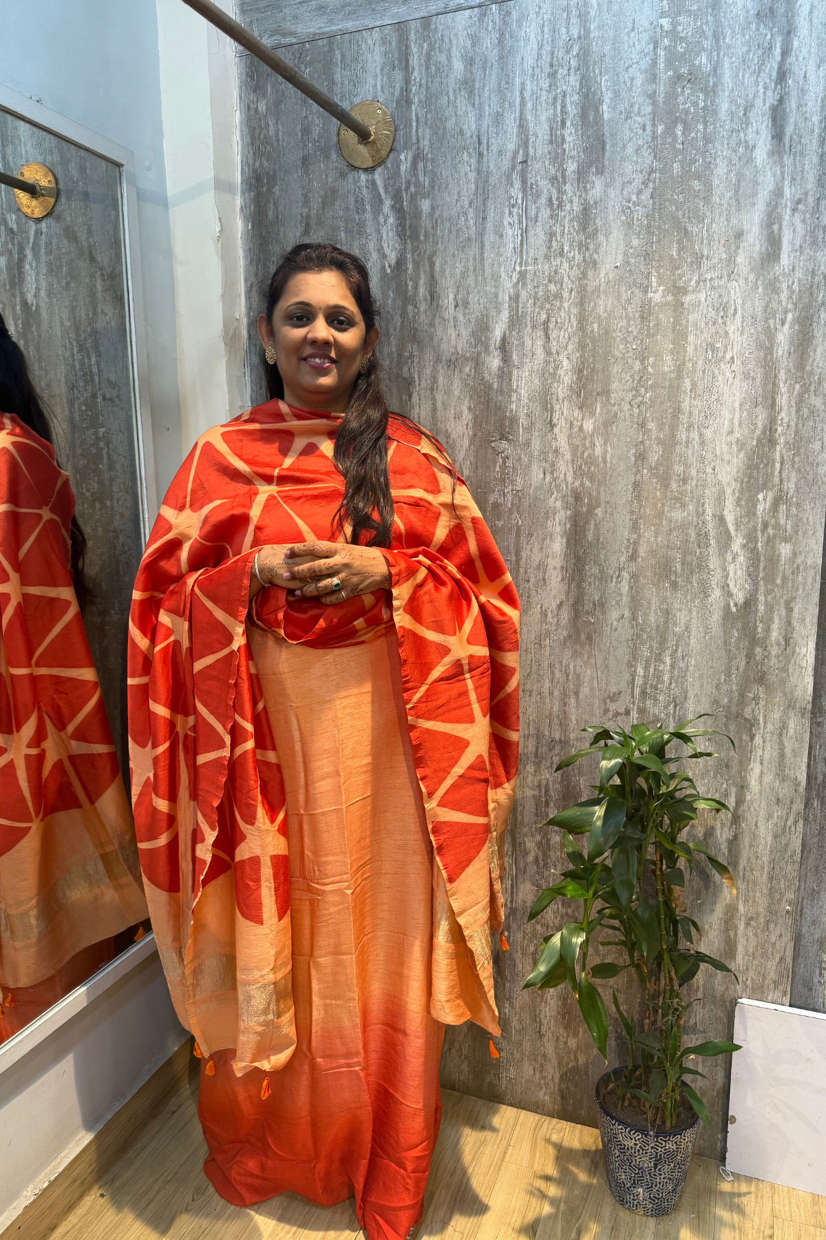 Orange Ombre Clamp Dyeing Pure Chanderi Silk 3 Pc Suit Set