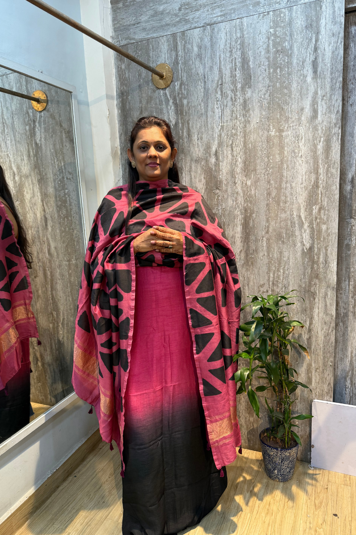 Pink & Black Ombre Clamp Dyeing Pure Chanderi Silk 3 Pc Suit Set