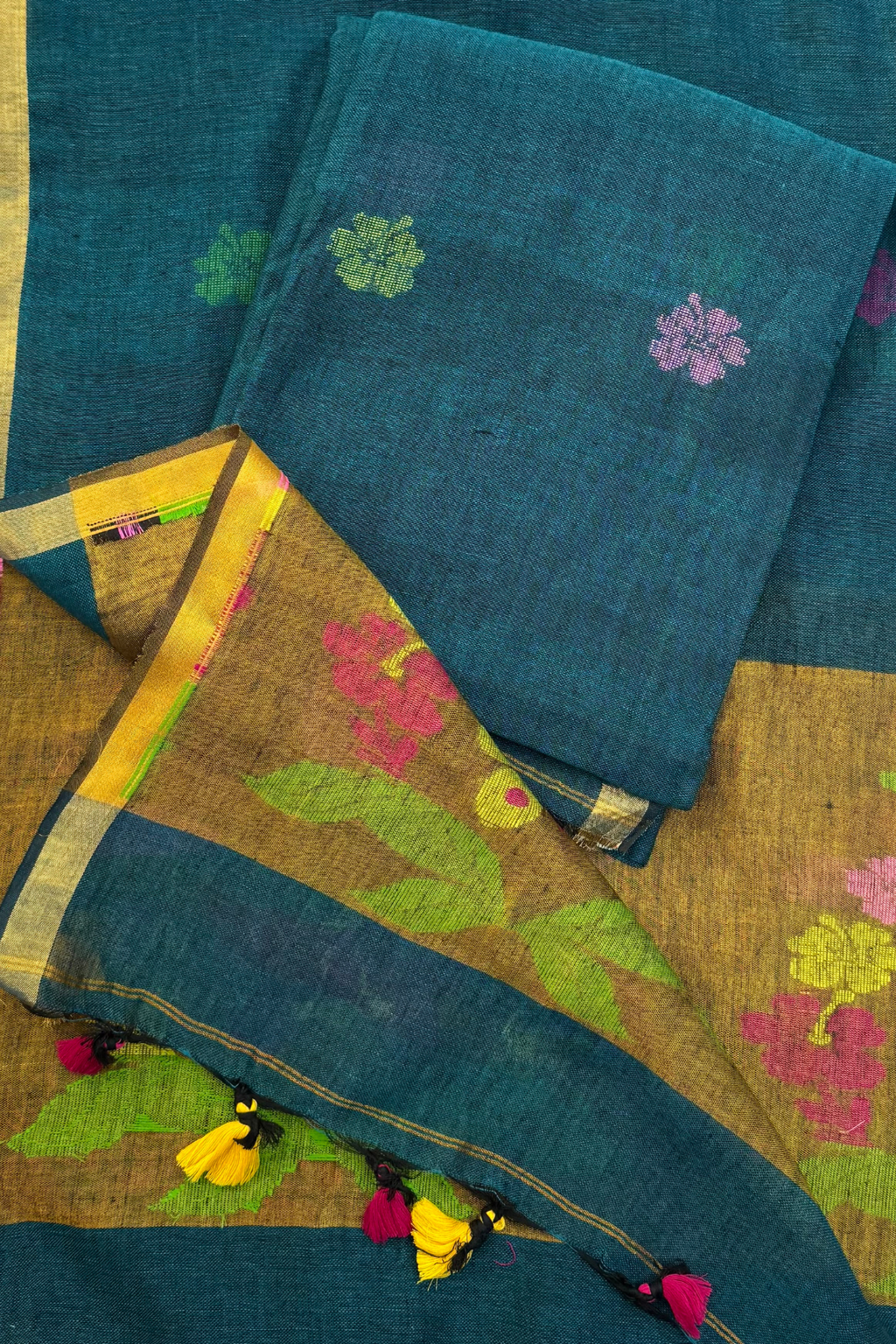 Jayshree Linen Jamdani 2 Pc Set – Greenish Blue