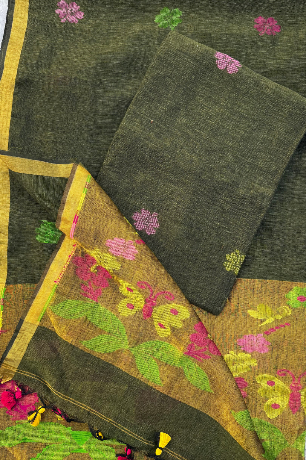 Jayshree Linen Jamdani 2 Pc Set – Olive Green