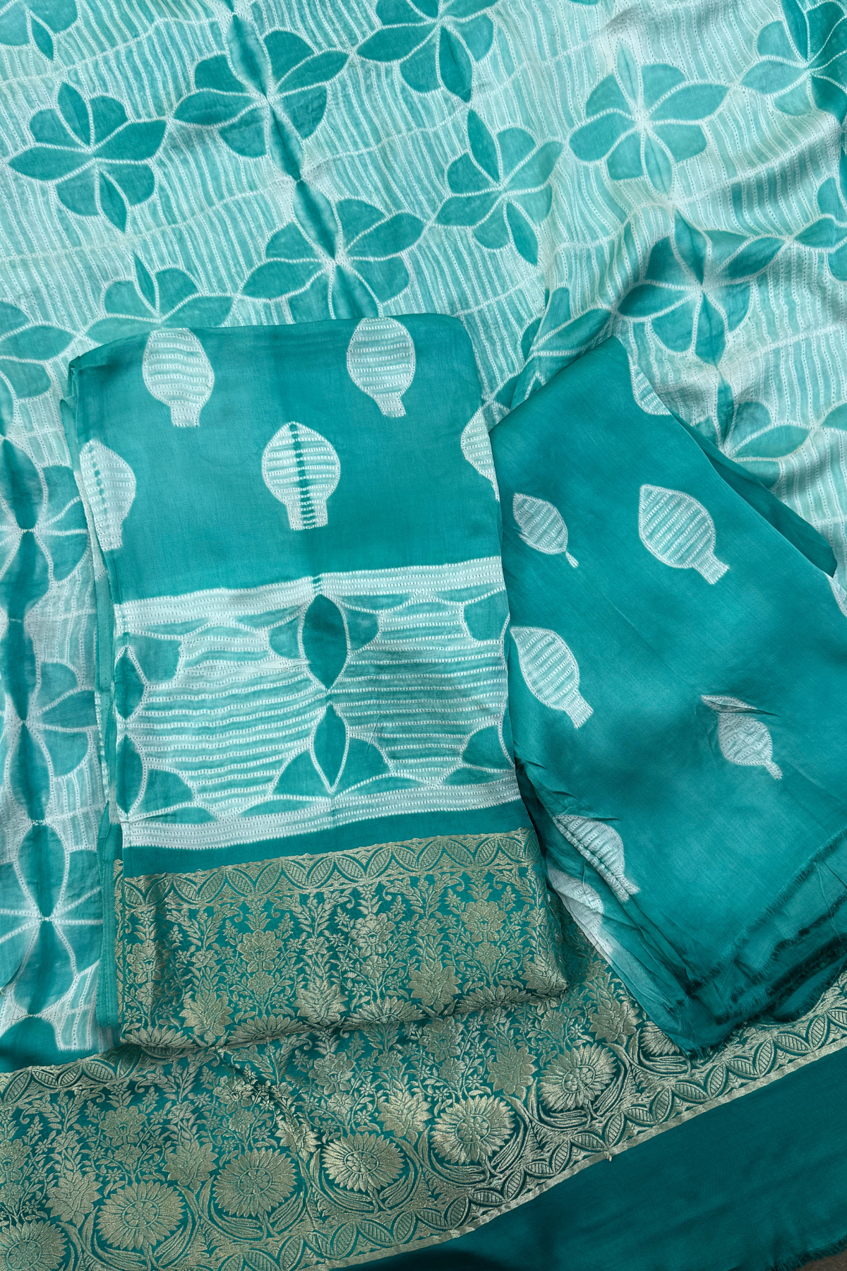 Pure Needle Shibori 3 Pc Suit with Lagadi Patta Border – Sea Green