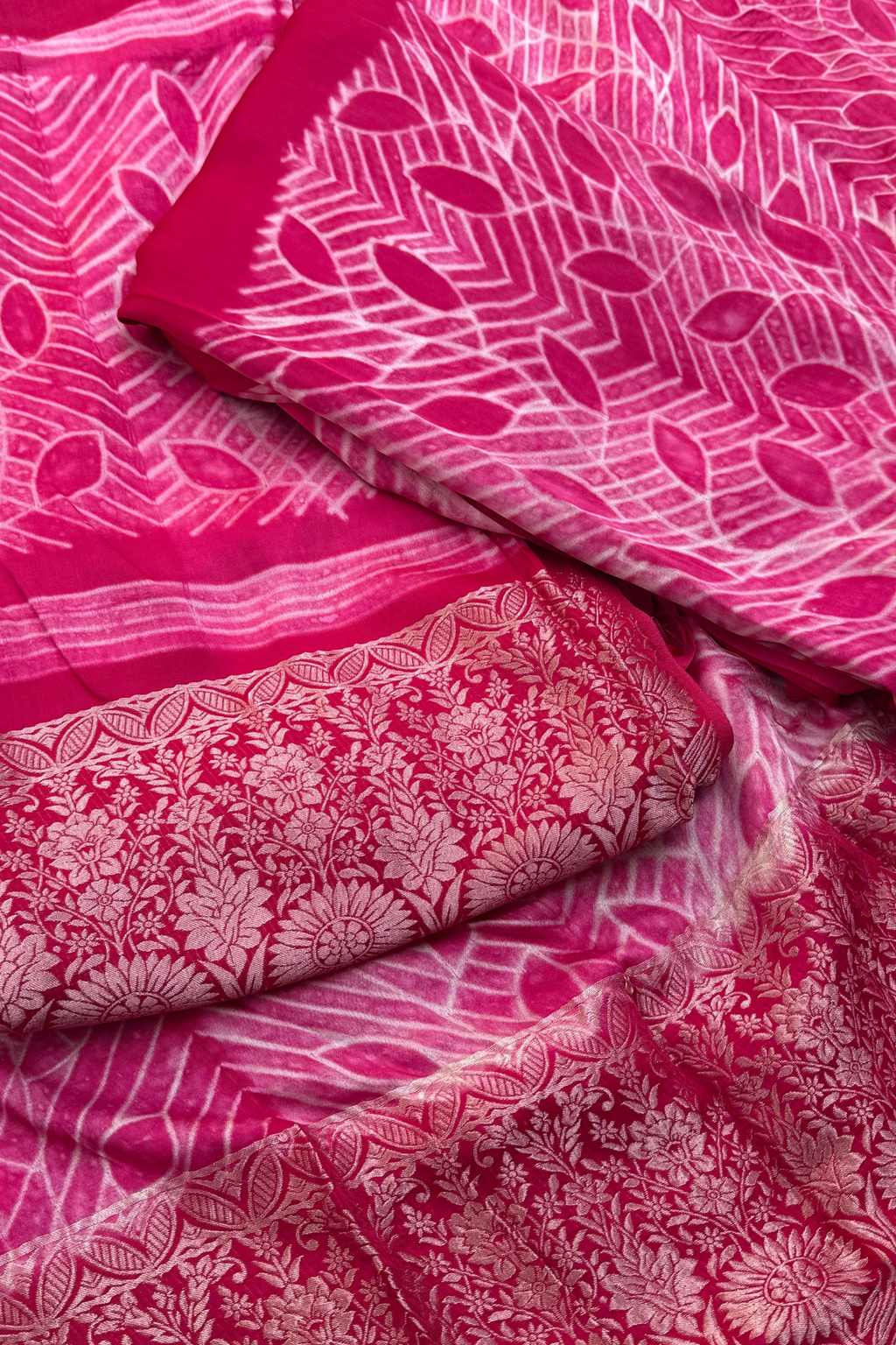 Pure Needle Shibori 3 Pc Suit with Lagadi Patta Border – Rani Pink