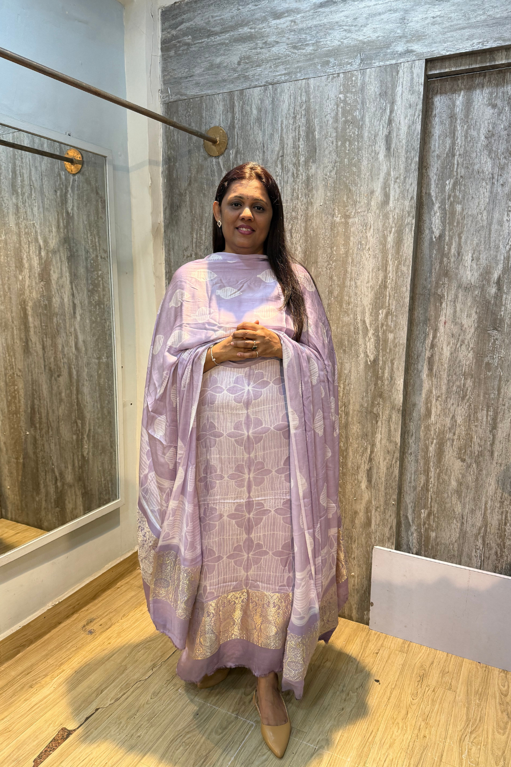 Pure Needle Shibori 3 Pc Suit with Lagadi Patta Border – Light Lilac