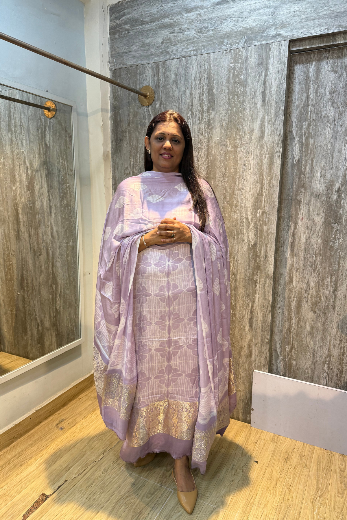 Pure Needle Shibori 3 Pc Suit with Lagadi Patta Border – Light Lilac