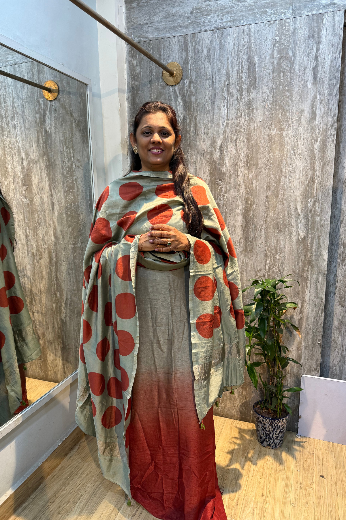 Greyish Sea Green & Orange Ombre Clamp Dyeing Pure Chanderi Silk 3 Pc Suit Set